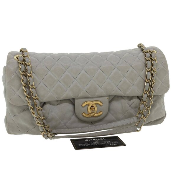 CHANEL Lamb Skin Matelasse Double Chain Shoulder Bag Gray CC Auth - Picture 1 of 16
